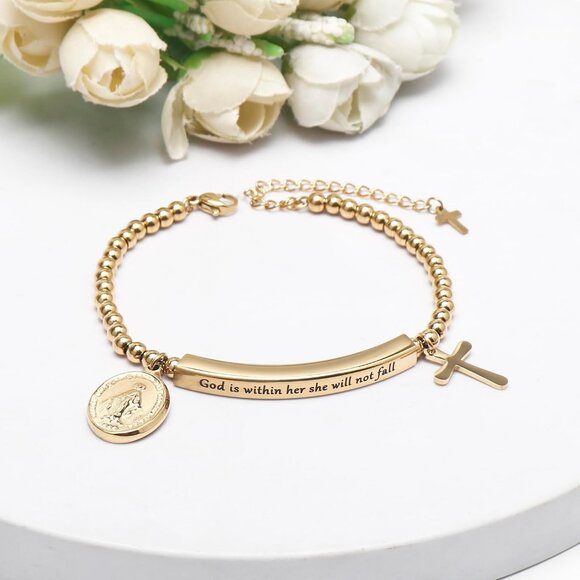 Elegant Stainless Steel Christian Bracelet for Women with Engraved Quote & Cross - Picture 2 of 7